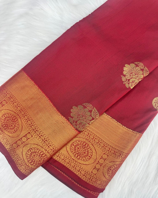 Red Semi-Silk Saree with Gold Border and Motifs