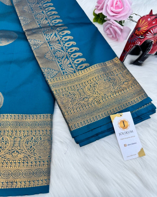 Light Navy Blue Semi-Silk Saree with Bold Gold Border