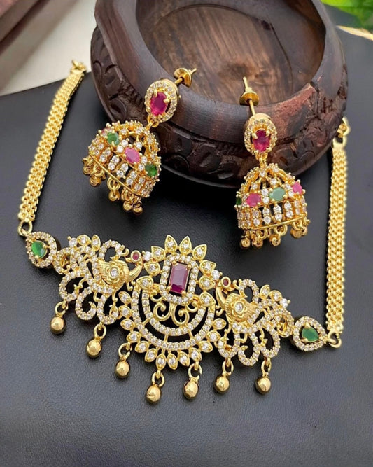 Peacock Gold Choker Set with Gemstone Glow
