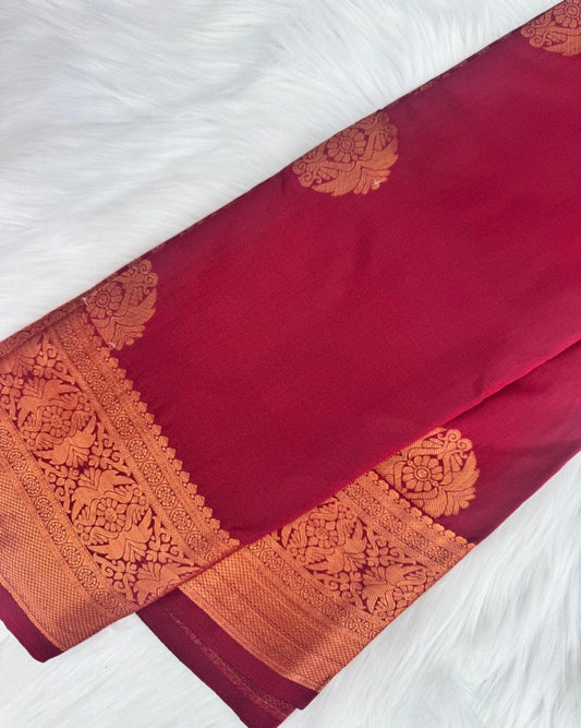 Elegant Red Semi-Silk Saree with Gold Details
