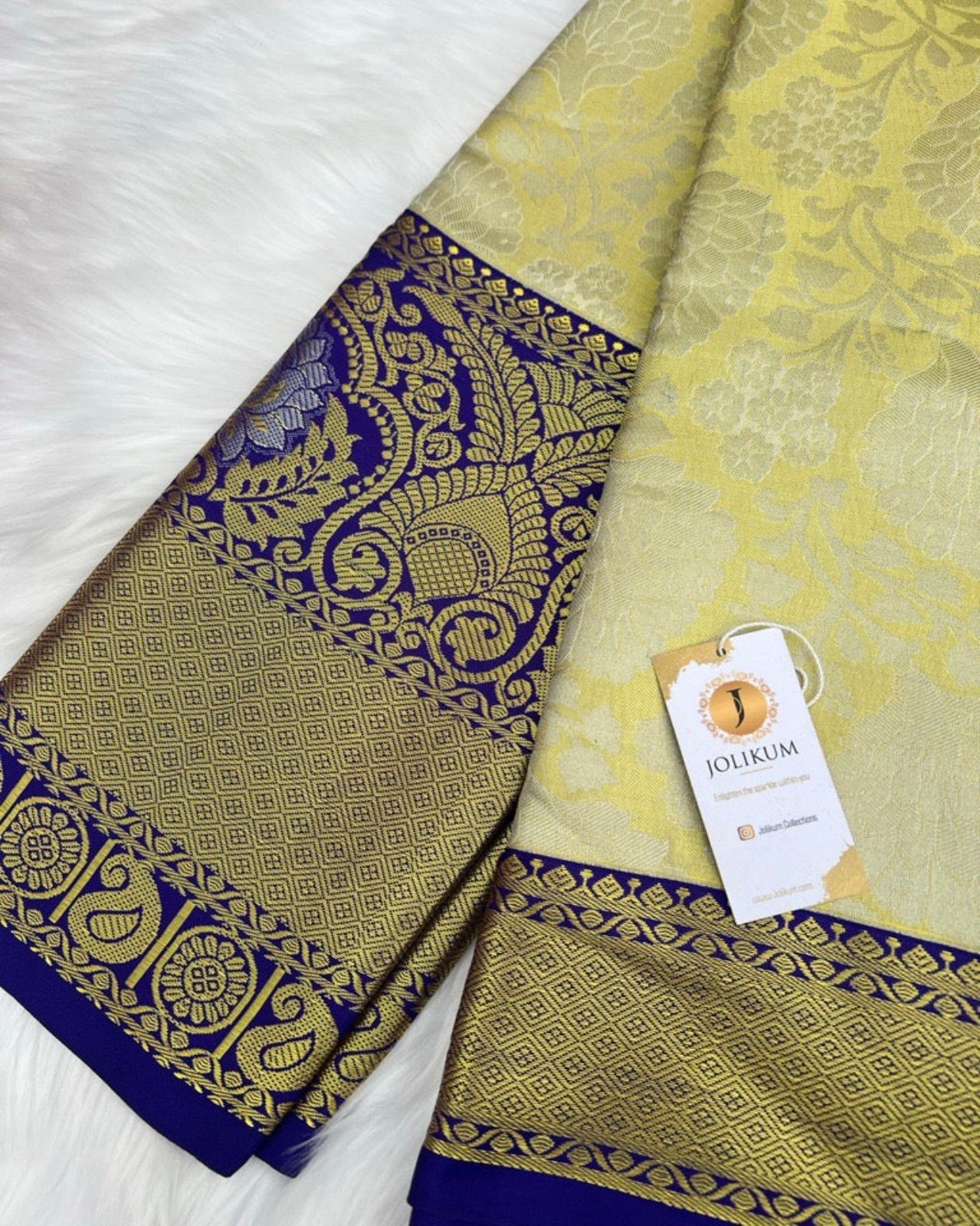 Lime Green Semi-Kaanchi Silk Saree with Bold Dark Blue Border