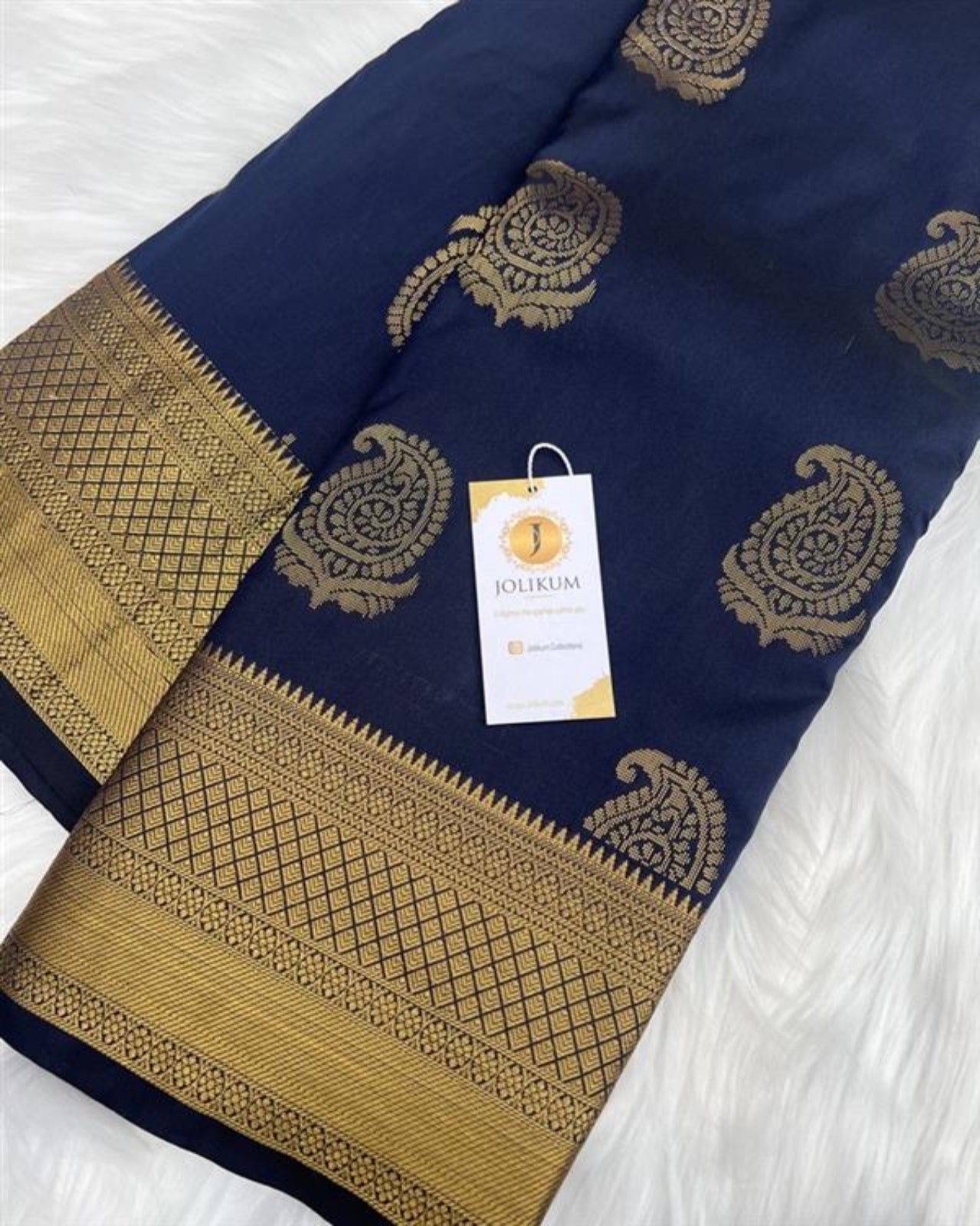 Navy Blue Semi-Silk Saree with Classic Gold Border