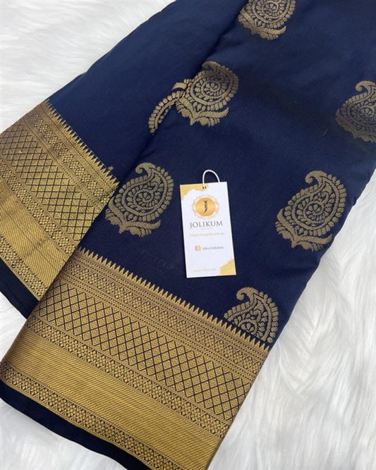 Navy Blue Semi-Silk Saree with Classic Gold Border