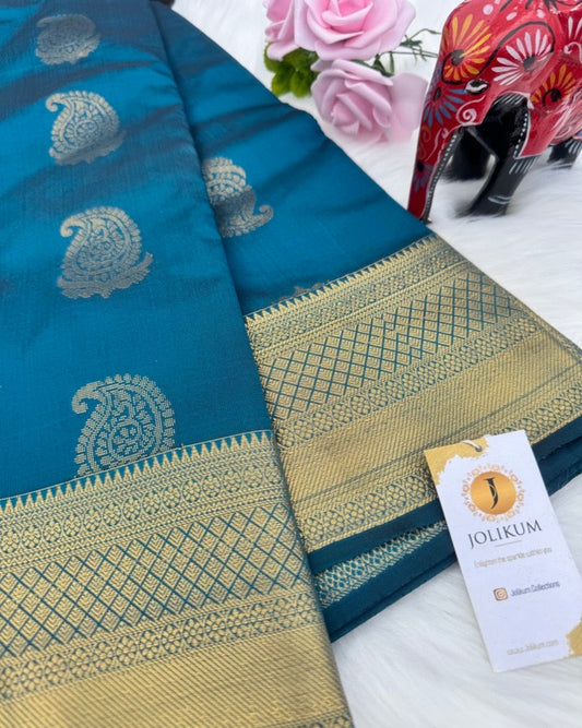 Light Navy Blue Semi-Silk Saree with Gold Border and Buddha Motifs