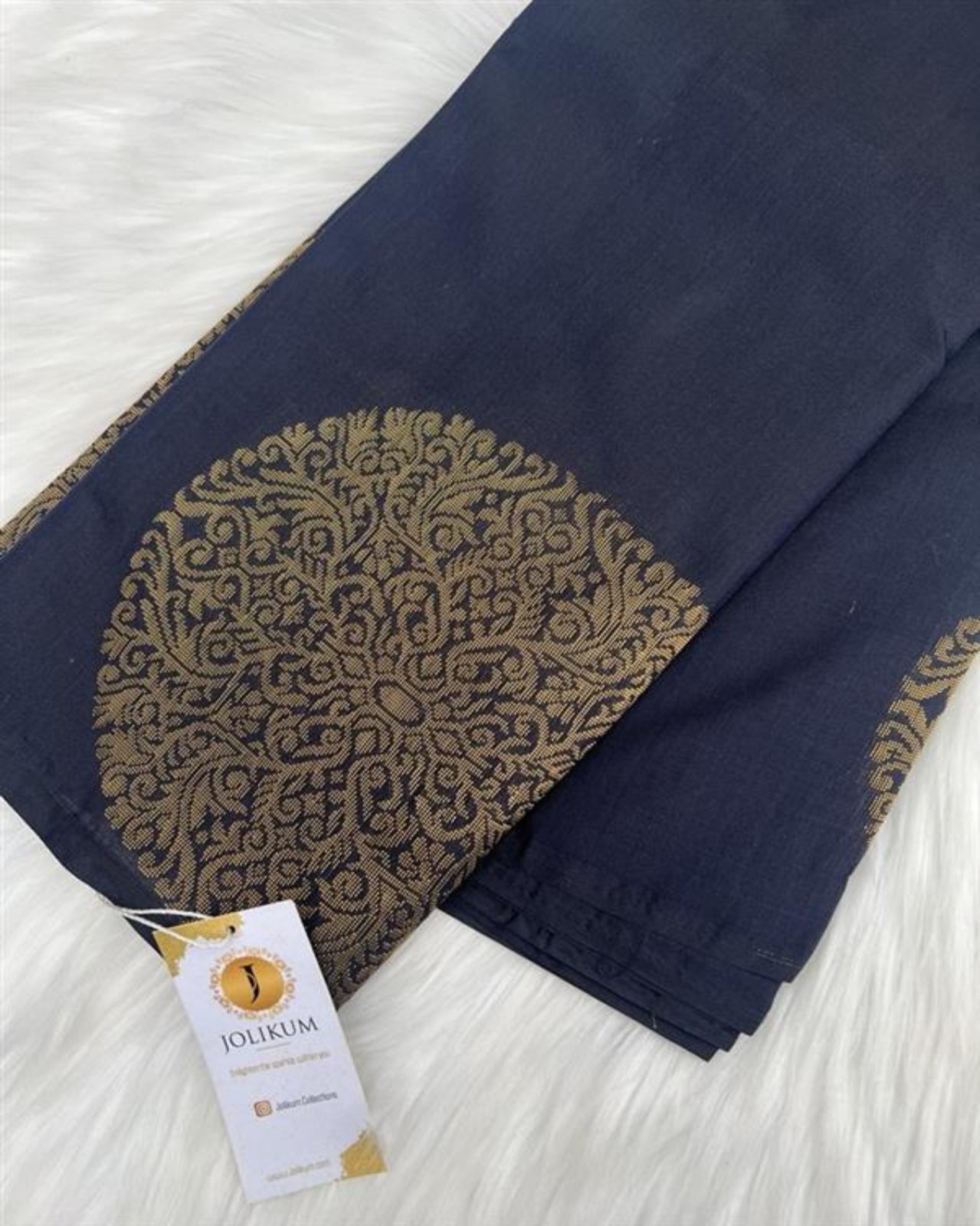 Black Semi-Silk Saree with Large Gold Buddha Motifs