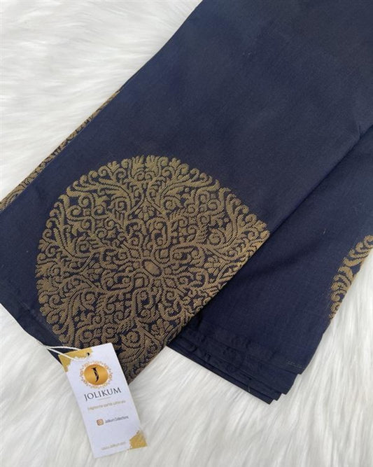Black Semi-Silk Saree with Large Gold Buddha Motifs