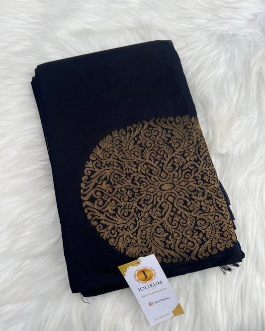 Black Semi-Silk Saree with Large Gold Buddha Motifs