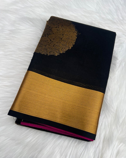 Black Cotton Silk Saree with Elegant Gold Border