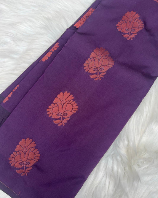 Purple Semi-Silk Saree with Elegant Rose Gold Motifs