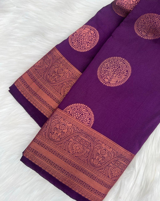 Purple Semi-Silk Saree with Luxurious Rose Gold Border