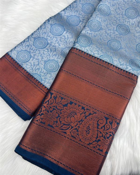 Light Blue Semi-Kaanchi Saree with Bold Copper Border