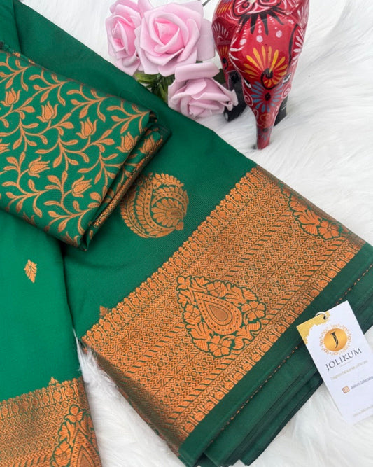 Dark Green Kanchi Semi-Silk Saree with Bold Rose Gold Border