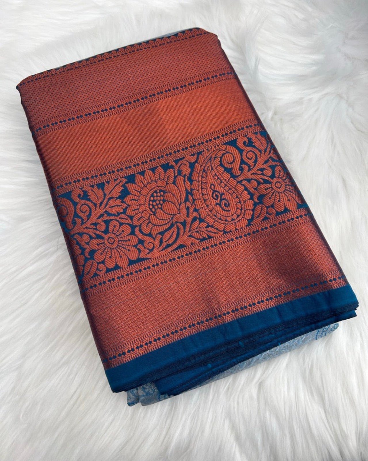 Light Blue Semi-Kaanchi Saree with Bold Copper Border