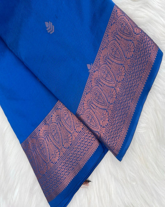 Dark Blue Semi-Silk Saree with Delicate Rose Gold Border