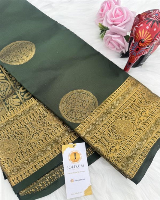 Bottle Green Semi-Silk Saree with Bold Gold Border