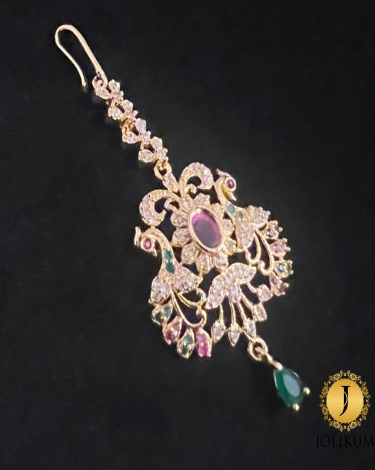 Multicolour Gold Tikka with Dual Peacock Motifs