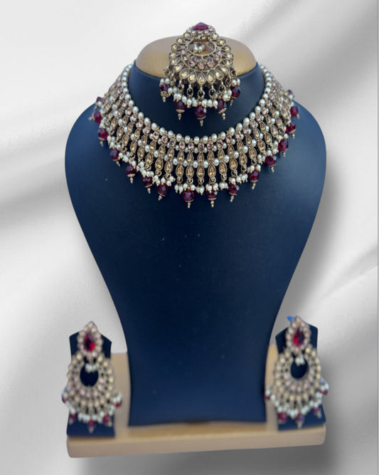 Royal Radiance Dark Red Gold Polki Set
