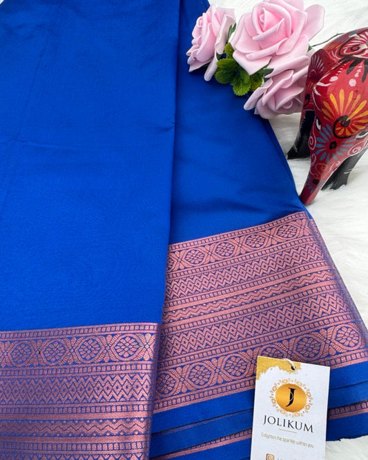 Dark Blue Semi-Silk Saree with Pink Rose Gold Border