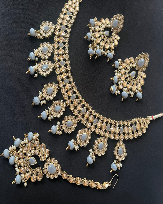 Gold Grey Choker Set with Tikka